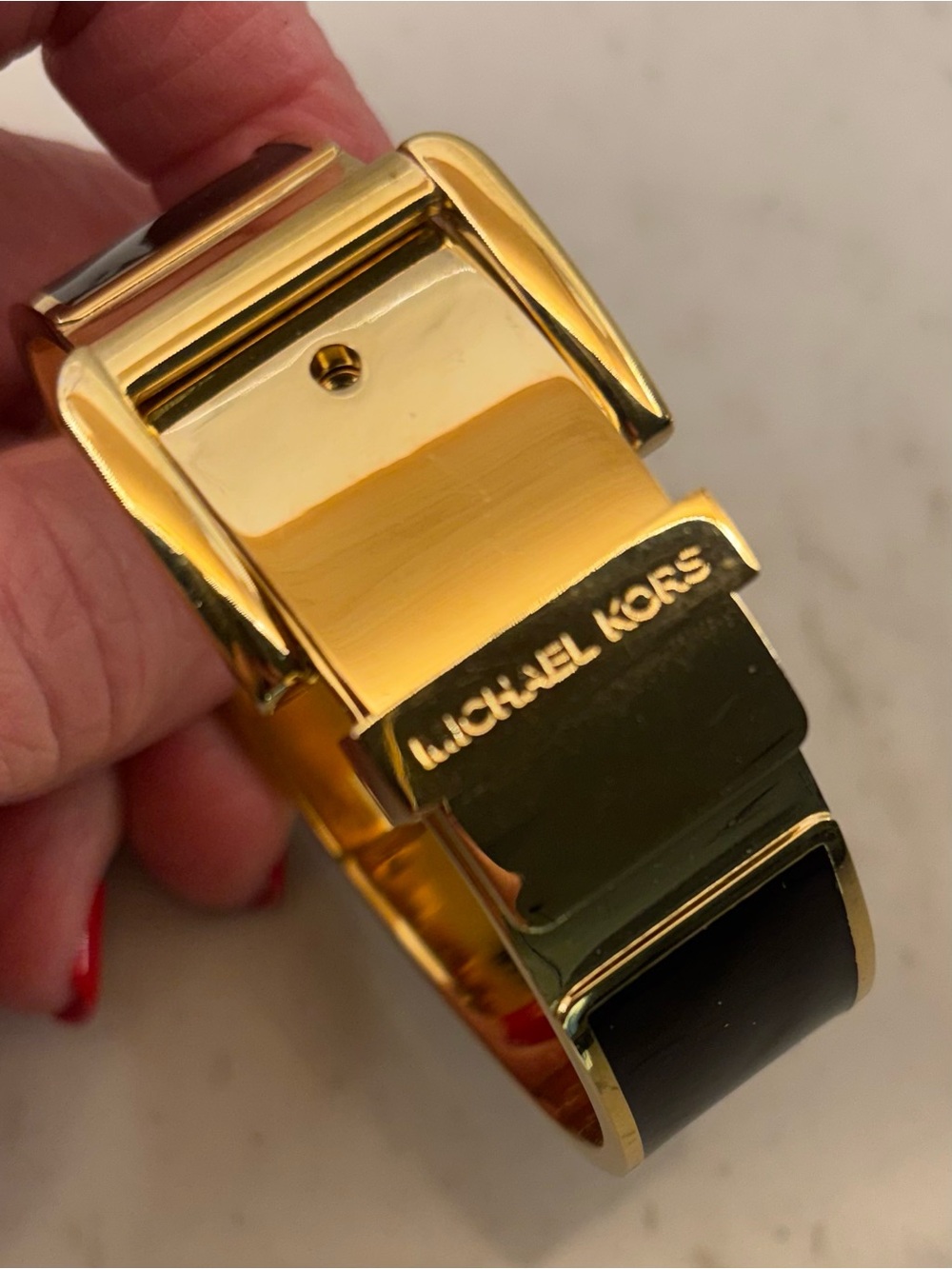 Michael Kors Haute Gold Tone Black Enamel Hinge Belt Buckle Bangle Bracelet